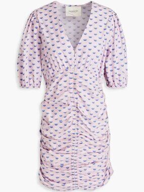 Summery Copenhagen Guggi Ruched Polka Dot Mini Dress Pink Blue XS Retail $229